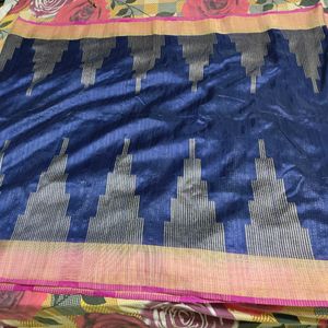 Navy Blue And Pink Jute Silk Saree