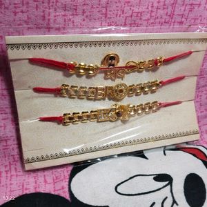 New Gold-Toned & Red Set of 3 Designer Rakhi