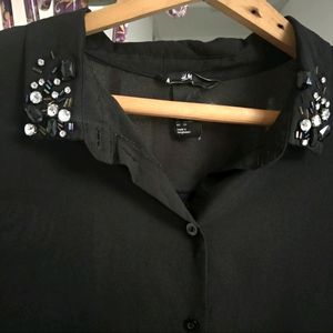 H&M Black Beaded Stone Collared Shirt