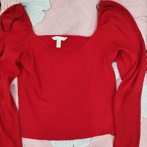 H&M Brand New Cherry Red Puffed Sleeve Top