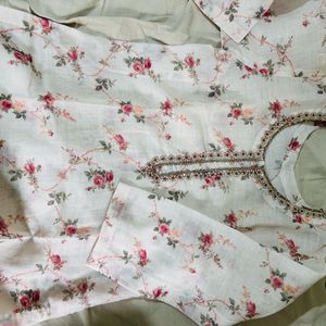 White Floral Embriodery Kurta With Dupatta