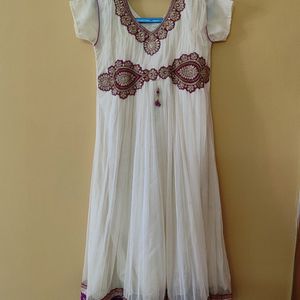 Cream Pink Net Ethnic Gown