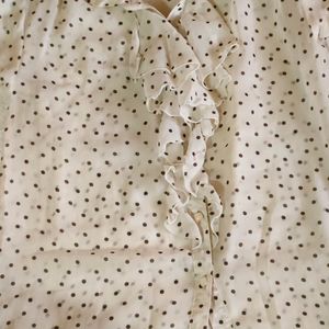 Cute Frilled Polka Print Off White Mesh Shirt