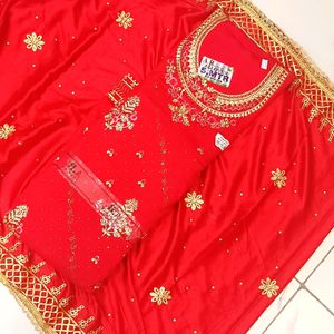 Stone+zari Kadhaai All Over Red Suit With Dupatta