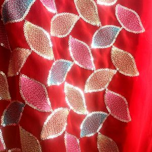 A Beautiful Red Colour Plain Saree With Designer B