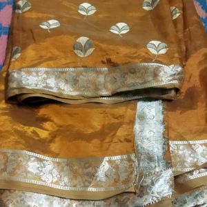 Orange Saree With Silver Design