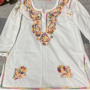 White Multi Colour Short Kurti