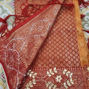 Brand New Orange Saree With Red Border And Blouse