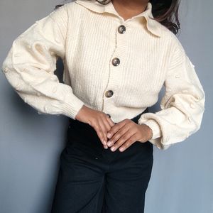 Crop Collared Puff Sleeve Cardigan