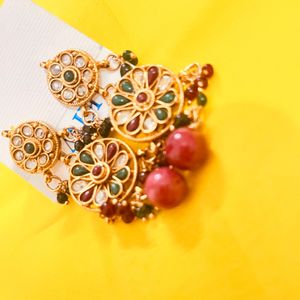 Best Quality Kundan On brass earrings, maroon, green and white colour, combo Jaipuri style earrings