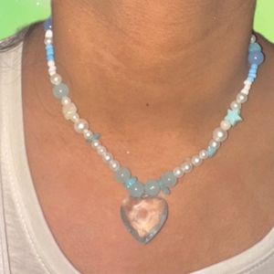 Handmade Couquette Heart  Necklace Blue