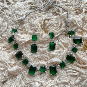 Square Cut Diva Emerald Green AD Necklace