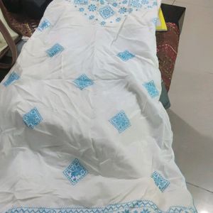 White Kurta With Blue Karocya Work