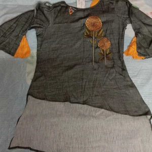 Grey And Yellow Short Kurta With Pant