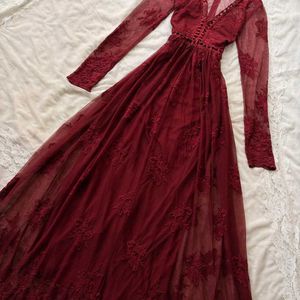 Brownish Maroon Embroidery v Neck Gown