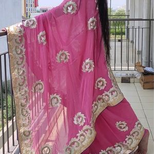 Pink Pure Georgette Gota Patti Saree