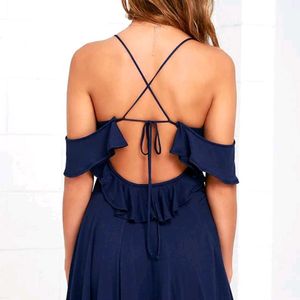 Blue Sexy Ruffles Backless Dress