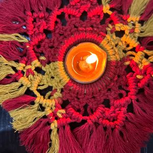 Handmade Macrame Rangoli And Tea Light Holder