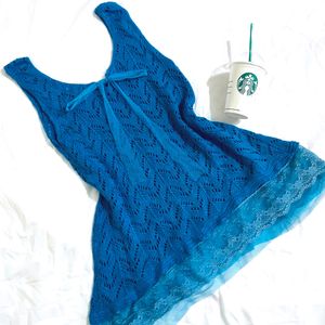 Cottagecore Crochet Laced Blue Knit Top