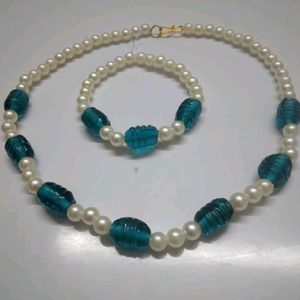 Turquoise Green Stones & Pearls-Necklace & Bracle