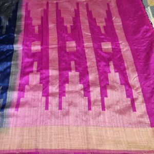 Navy Blue And Pink Jute Silk Saree