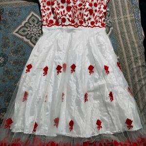 Red And White Anarkali Gown Deep Neck