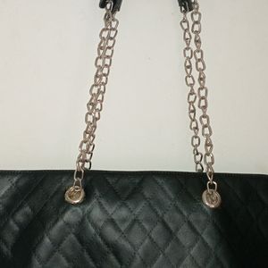 Black Chain Leather Tote Bag.