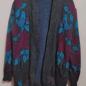 Dark Grey Winter Wool Printed Shrug