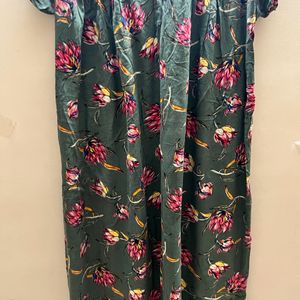 Flower Printed Embroidery In Neck Nighty