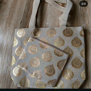 Gold Foil Print Jute Tote With Matching Pouch