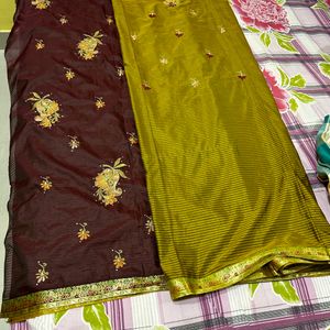 Olive Green Embroidered Beautiful Saree