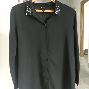 H&M Black Beaded Stone Collared Shirt