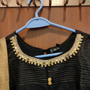 Minimal Black Ethnic Gown With Banarasi Dupatta