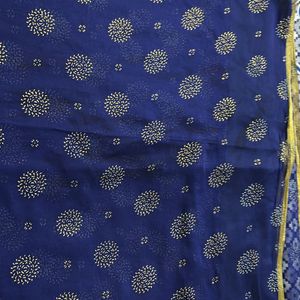 Blue Organza Silk Saree With Gold Floral Print