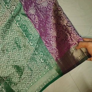 (New) Purple And Green Colour Pink Border Saree Wi