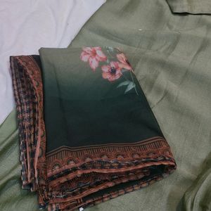 Olive Green Suit With Organza Dupatta