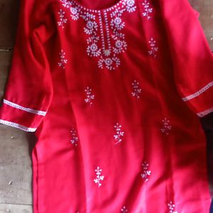 Red Kurti Chikankari Embroidery