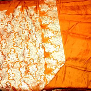 Bright Orange Saree With Thin Silver Border