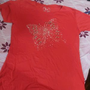 Red Butterfly RhineStone Tshirt For Women