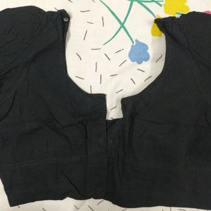 Black Cotton Blouse Size 36 Short Sleeves Puffed