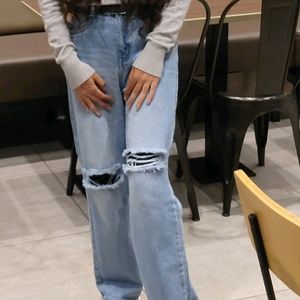 Sky Blue Ribbed Wide Leg Jeans 👖