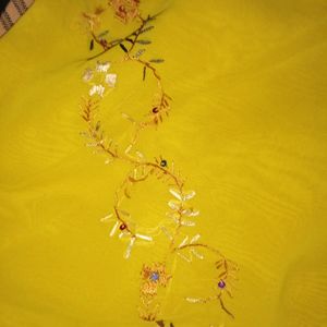 Thread Work Biscuit Yellow Saree