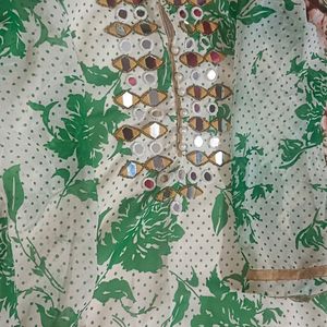 Green real mirror work long Kurti.