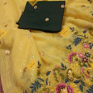 Organza Cutwork Yellow Saree