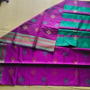 Green and Purple Cotton Silk Saree