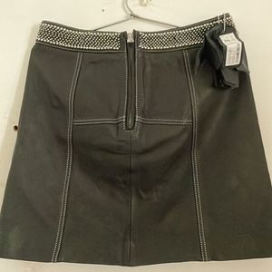 Black Leather Skirt With Pearl Details