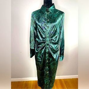 ZARA green satin paisley print ruched shirt