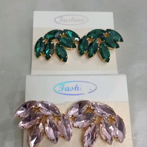 Korean Glassstone Statement Leaf Shaped Earrings