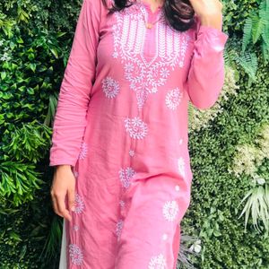 Pink Embroidered Mid Length Kurti