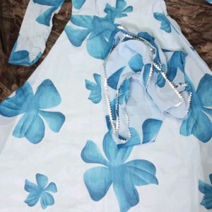 New/Unused Blue Floral Gown With Dupatta